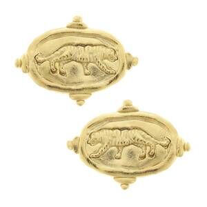 NEW SUSAN SHAW women's tiger intaglio studs in gold